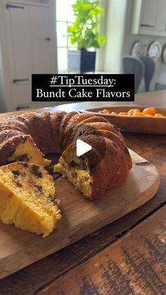 a bundt cake on a wooden cutting board with the words tip tuesday behind it