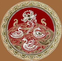 a red and gold plate with two birds on it's side, surrounded by ornate designs