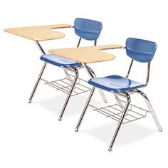 two desks with red chairs on each side and a white table in the middle