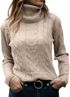 Langwyqu Womens' Turtleneck Long Sleeve Cable Knit Sweaters Apricot Sweater, Sweater Turtleneck, Ladies Turtleneck Sweaters, Turtleneck Long Sleeve, Thermal Top, Turtleneck Top, Womens Turtleneck, Sweater Vintage, Sweater Material