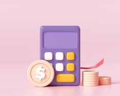 a purple calculator sitting on top of stacks of coins with a pink background