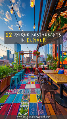 Vibrant rooftop restaurant in Denver with colorful decor, overlooking the city skyline at sunset. Christmas In Denver, Denver Restaurants With A View, Denver Food Guide, Best Denver Restaurants, Best Places To Eat In Denver, Places To Eat In Denver Colorado, Downtown Denver Restaurants, Larimer Square Denver, Denver Living