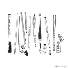 various pens and pencils are lined up on a white background, with the words'pen