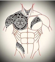 a drawing of a man's torso with intricate patterns on it and the chest