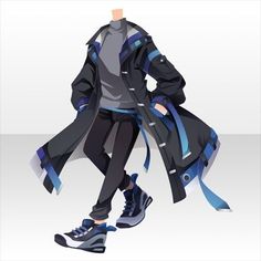 an anime character is dressed in all black and blue, standing with his hands on his hips