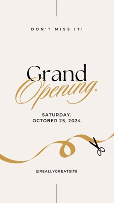 the grand opening event poster is shown with scissors in gold and black on a white background