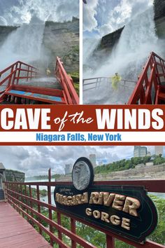 the niagara falls, new york and cave of the winds sign are featured in this collage