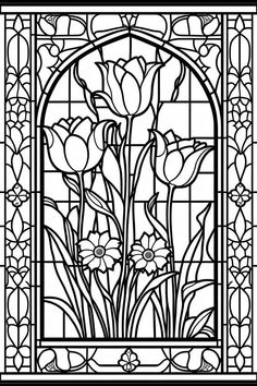 a stained glass window with tulips in the center and flowers at the bottom