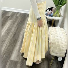 New With Tags Rosie Assoulin Brush Skirt Yellow Stripe Yellow Long Ruffled Skirt, Yellow Maxi Skirt, Ruffle Long Skirt, Yellow Maxi Skirts, Midi Wrap Skirt, Tulip Print, Orange Skirt, Tulip Skirt, Rosie Assoulin