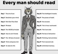 a poster with an image of a cat in a suit and tie, which reads every man should read