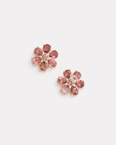 18K Yellow Floral Stud Earring with Pink Tourmaline and Diamonds, .12 TCW5/8 Inch Diameter Style# YESFPTW Gold Pink Earrings, Pink Jewerly, Pink Tourmaline Jewelry, Pink Flower Earrings, Flower Ear, Tourmaline Earrings, Floral Studs, Tourmaline Jewelry, Jewelry Essentials