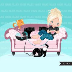 a woman sitting on top of a pink couch next to a cat