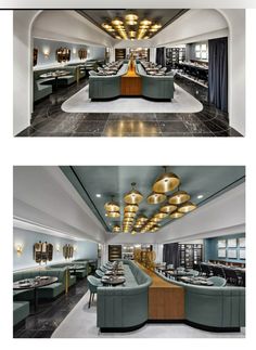 two pictures of the inside of a restaurant with tables and couches in each room