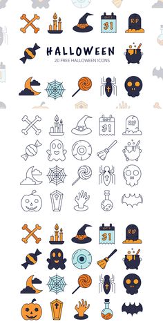 the halloween icons are arranged in different styles and colors, including black, orange, and white