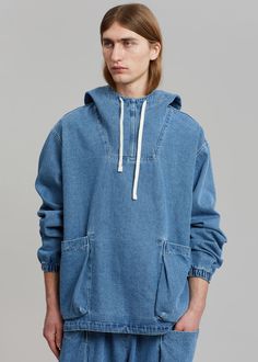 Cliff Denim Anorak - Worn Wash Jacket Farmers Market Spring Washed Hooded Top, Spring Hooded Washed Top, Denim Blue Hoodie With Pockets, Denim Hooded Hoodie With Pockets, Hooded Denim Hoodie With Pockets, Denim Hoodie With Pockets In Medium Wash, Denim Hoodie With Pockets, Fall Denim Hoodie Washed, Spring Denim Washed Hoodie