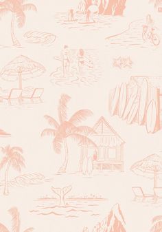 a pink and white wallpaper with people on the beach, umbrellas and houses