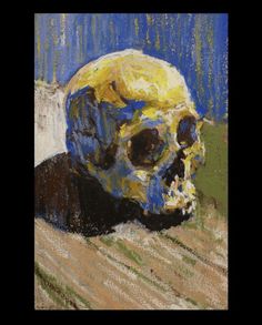 a painting of a yellow and blue skull