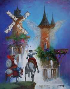 a painting of two knights riding horses in front of a castle