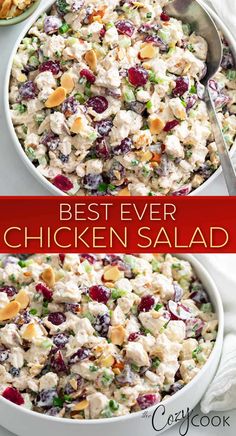 chicken salad with cranberries and almonds in a white bowl