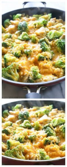 broccoli and cheese casserole in a skillet before and after being cooked