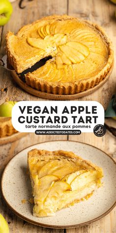 an image of vegan apple custard tart on a plate with text overlay