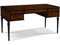 an antique desk with two drawers on the top and one drawer at the bottom, is shown