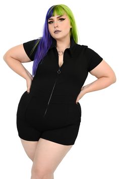 Zip up romper with deep front pockets and pointed collar. Dark Hair Straight, Zip Up Romper, Samara Dress, Black Sleeveless Jumpsuit, Summer Goth, Moon Dress, Two Piece Jumpsuit, Hair Model, Black French