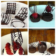 four pictures of chocolate desserts with strawberries on them