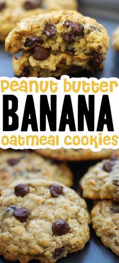 peanut butter banana oatmeal cookies are stacked on top of each other with chocolate chips