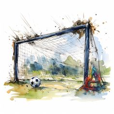 a watercolor painting of a soccer goal and ball