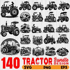 tractor silhouettes and farm icons are shown in black and white, as well as the text