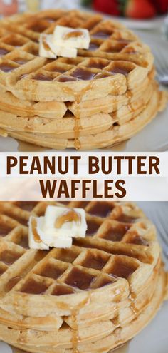 two waffles with peanut butter on top and the words, how to make homemade peanut butter waffles