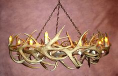 a chandelier with deer antlers hanging from it's sides on a purple background