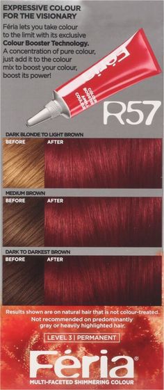 Feria by L'Oreal Paris gives you cutting-edge, multi-faceted, shimmering color that never wrecks or ravages. L'Oreal Paris Feria Shimmering Permanent Hair Color, R57 Cherry Crush (Intense Medium Auburn), 1 kit; Feria by L'Oréal Paris gives you cutting-edge, multi-faceted, shimmering color for vibrant, healthy-looking hair Feria's Bonding Care Complex Conditioner helps repair hair's strength; Helps protect fragile hair bonds Delivers trendy, edgy, shimmering, fashionable and multi-tonal hair colo Cherry Red Hair Dye, Deep Red Hair Color, Bright Red Hair Color, Bright Red Highlights, Deep Red Hair, Cherry Red Hair, Cherry Crush, Dyed Red Hair, Bright Red Hair