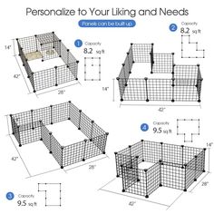 four different types of dog kennels with measurements