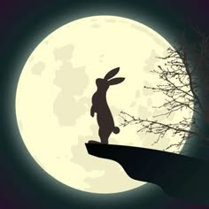 the silhouette of a rabbit standing on top of a cliff in front of a full moon