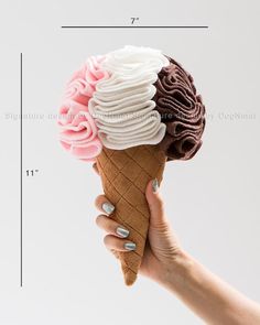 a hand holding an ice cream cone with pink, brown and white frosting on it