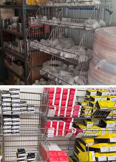 two pictures side by side, one with wire baskets and the other with plastic containers