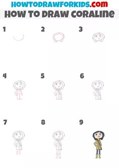 how to draw coraline step by step instructions for kids with pictures on the page