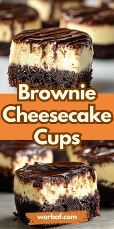 brownie cheesecake cups are stacked on top of each other