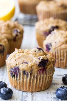 blueberry muffins with fresh blueberries on the side