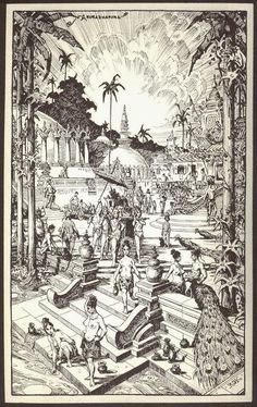 an old black and white drawing of people in a park with palm trees on the other side