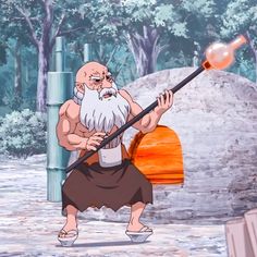 an old man with a long white beard is holding a stick in front of a stone wall