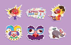 six stickers with different cartoon characters on them, all in various shapes and sizes