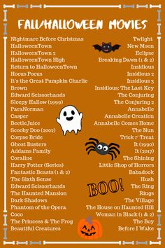 the halloween movies list for kids to play in their house, including pumpkins and ghostes