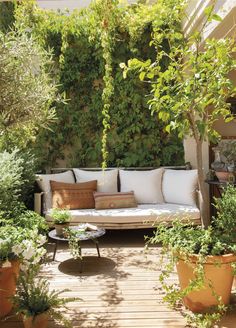 an outdoor seating area with potted plants and greenery