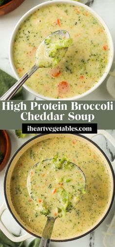 broccoli cheddar soup in two bowls with spoons