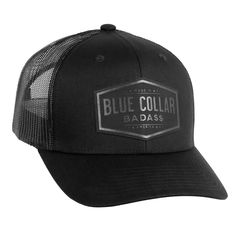 a black trucker hat with the blue collar badge on it