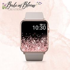 an apple watch with pink glitter on the screen and text below it that reads breathe in bloom creations