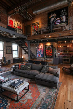 a living room filled with lots of furniture next to a fire place in a building